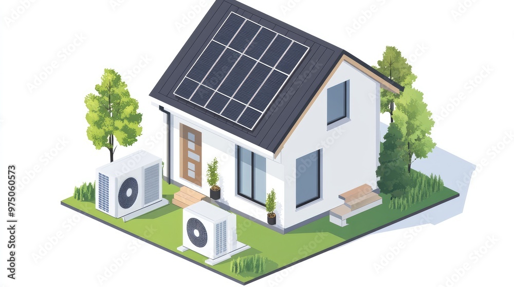 Green Energy System: Heat Pump, Inverter, and Solar Panels. AI generated illustration. Green Energy System: Heat Pump, Inverter, and Solar Panels. AI generated illustration.