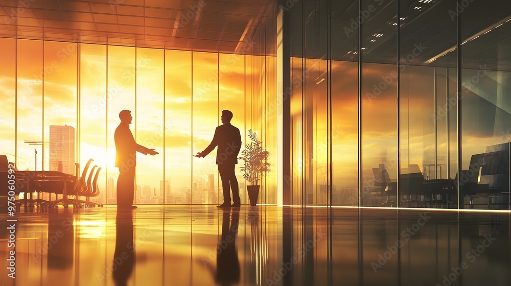 Two Businessmen Shaking Hands in a Modern Office with a City Skyline View at Sunset Two Businessmen Shaking Hands in a Modern Office with a City Skyline View at Sunset
