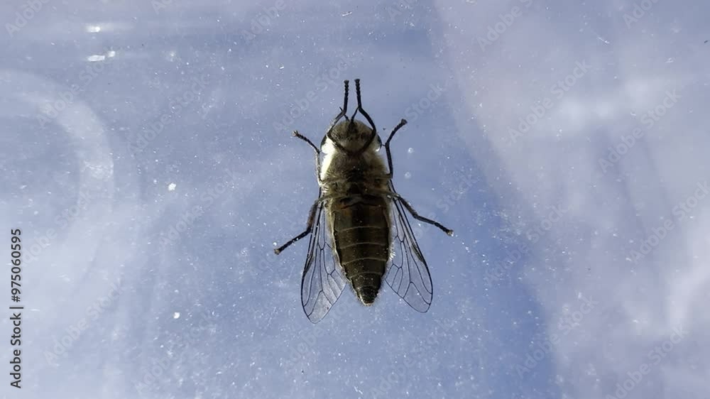 Tabanus bovinus aka pale giant horse fly is sitting on the glass. Blood sucking insect.