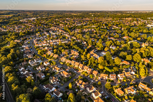 Aerial drone shot during sunset over the town of Bishops Stortford in England