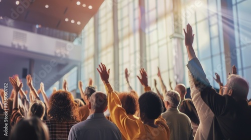 A crowd of people with raised hands in a well-lit hall, likely participating in an event or conference, capturing unity and collective enthusiasm.