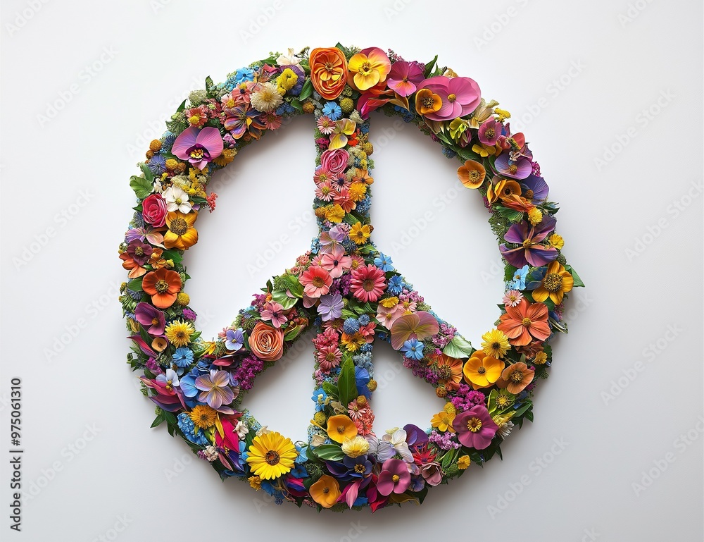 Vibrant flowers form a peace symbol on white background, representing harmony and diversity. Vibrant flowers form a peace symbol on white background, representing harmony and diversity.