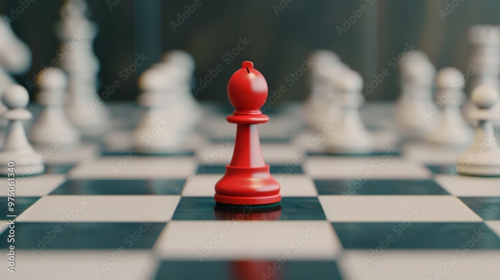 Focused chess piece with a red pawn standing prominently on the checkered board amidst other blurred pieces, symbolizing strategy and decision-making. Focused chess piece with a red pawn standing prominently on the checkered board amidst other blurred pieces, symbolizing strategy and decision-making.