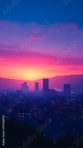 Sunrise city skyline with vibrant colors and dark building silhouettes wallpaper