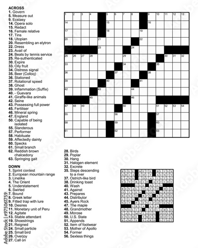 Crossword puzzle game with 15 x 15 squares with clues and solution.