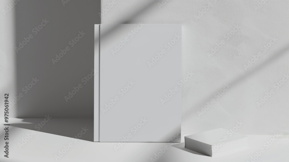 Fototapeta premium A minimalistic scene with a blank book against a light grey wall, emphasizing simplicity and clean lines.