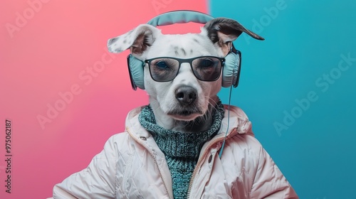 Dog head in sunglasses and headphones wearing white jacket listening to music against pink and blue background 