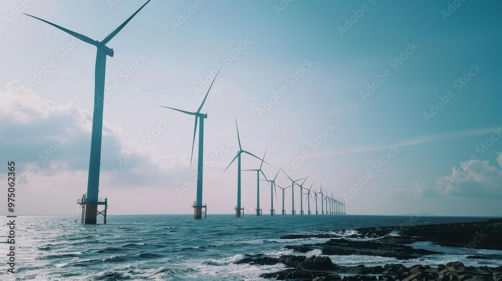 Rows of wind turbines stretch into the distance over a calm sea under a partially cloudy sky, illustrating the harmony of technology and nature. Rows of wind turbines stretch into the distance over a calm sea under a partially cloudy sky, illustrating the harmony of technology and nature.