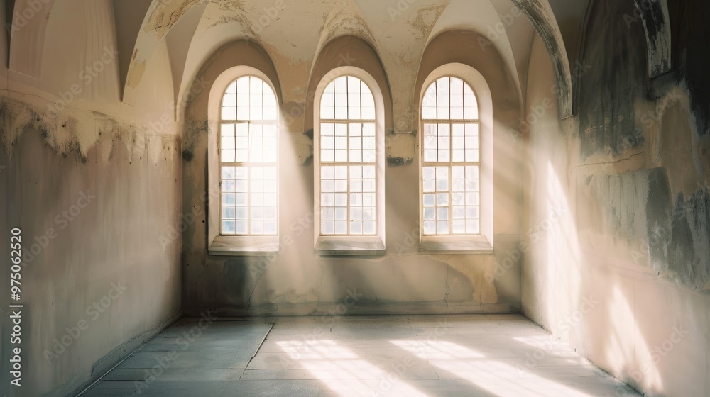 Obraz premium Sunlight pierces through tall arched windows illuminating a weathered, rustic room with distressed walls and a quiet, timeless atmosphere.