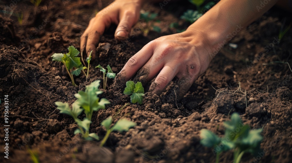 Close-up of hands planting young seedlings into soil, symbolizing growth, nurturing, and the beginning of a gardening journey. Close-up of hands planting young seedlings into soil, symbolizing growth, nurturing, and the beginning of a gardening journey.