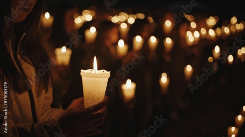 An intimate moment during a candlelight vigil, with the soft glow of candles illuminating the night and evoking a sense of unity and hope.