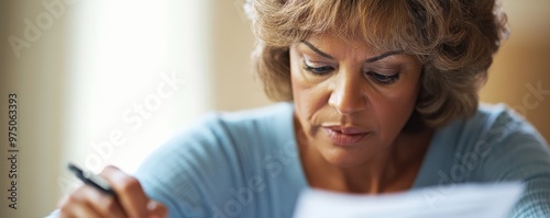 Focused woman intensely reviewing her tax return documents, concentrating on financial details and calculations