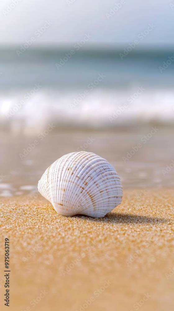 Sea shell on sandy beach with ocean waves, serene coastal scene. Nature and relaxation concept Sea shell on sandy beach with ocean waves, serene coastal scene. Nature and relaxation concept