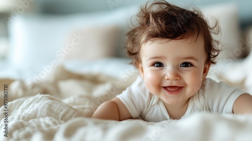 A baby with tousled hair and a wide smile lies happily on a soft, fluffy bed, representing pure joy and innocence in a tranquil indoor environment.