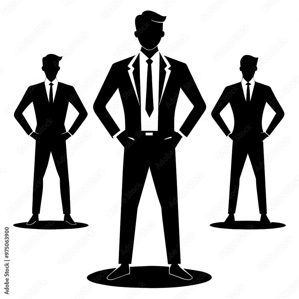 Fototapeta premium A businessman is depicted in distinct poses within a black silhouette conveying confidence and professionalism in a corporate context