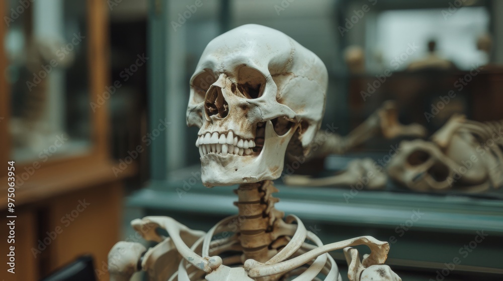 A detailed, close-up shot of a human skeleton, likely displayed in a museum or educational setting, emphasizing the skull and upper torso against a blurred backdrop. A detailed, close-up shot of a human skeleton, likely displayed in a museum or educational setting, emphasizing the skull and upper torso against a blurred backdrop.