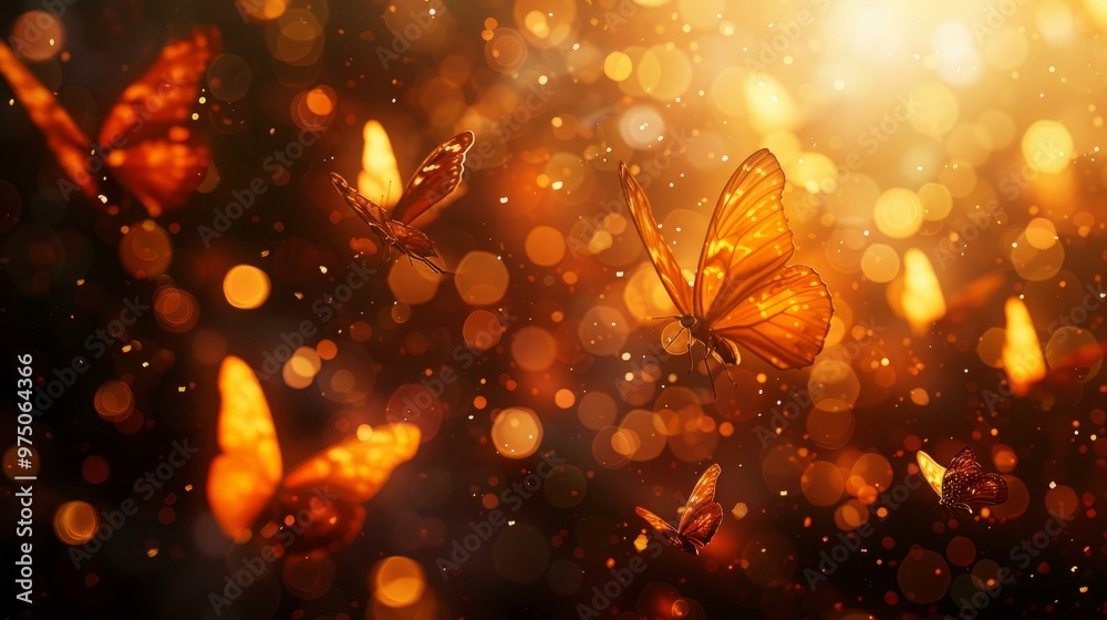 Golden butterflies in flight with bokeh sunlight background, perfect for spring or summer nature themes Golden butterflies in flight with bokeh sunlight background, perfect for spring or summer nature themes