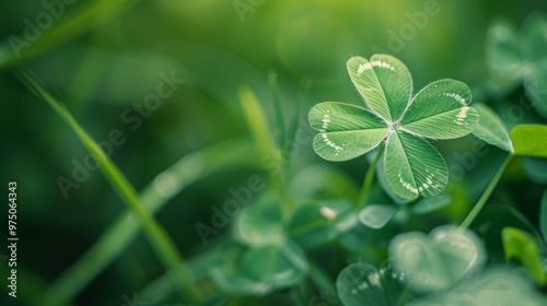 A close-up of a clover leaf basking in soft, natural light, with its delicate green hues and intricate patterns beautifully highlighted against a blurred background.