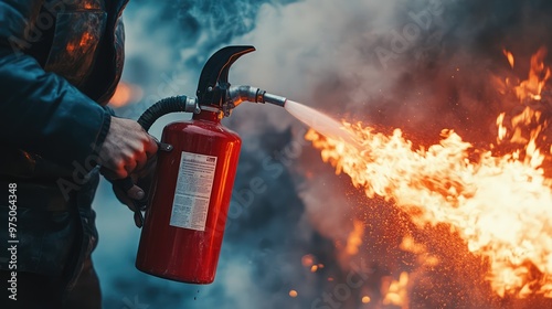 Man Using Fire Extinguisher Fighting Fire. AI generated illustration. photo