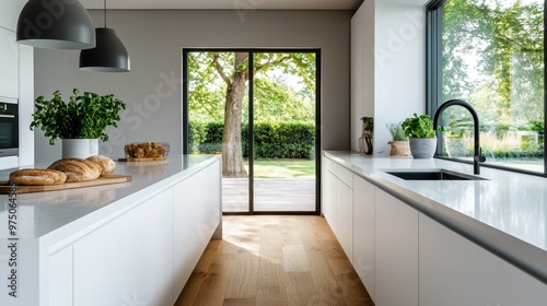 A contemporary white kitchen with clean lines, large windows, and glass doors leading to a lush outdoor garden, highlighting minimalistic design and natural light.