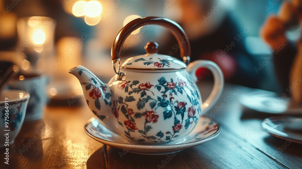 Elegant English teapot with floral design on a cozy evening setting illuminated by candlelight, showcasing European style and warmth. Elegant English teapot with floral design on a cozy evening setting illuminated by candlelight, showcasing European style and warmth.