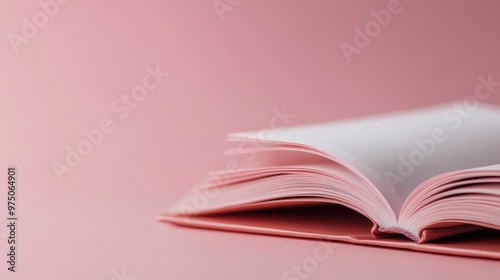 This image features an open book placed on a pink background, with pages gently fanned out, suggesting relaxation, knowledge, and simplicity in a serene setting. photo