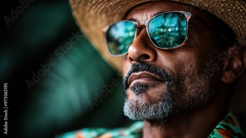 A person with a straw hat and sunglasses is taking shade outdoors, surrounded by calm green foliage, creating a relaxed and tropical atmosphere in the image.