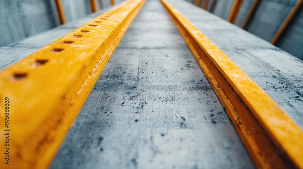 An abstract and focused shot of yellow industrial metal beams extending across a concrete floor background, displaying elements of construction and strength. An abstract and focused shot of yellow industrial metal beams extending across a concrete floor background, displaying elements of construction and strength.