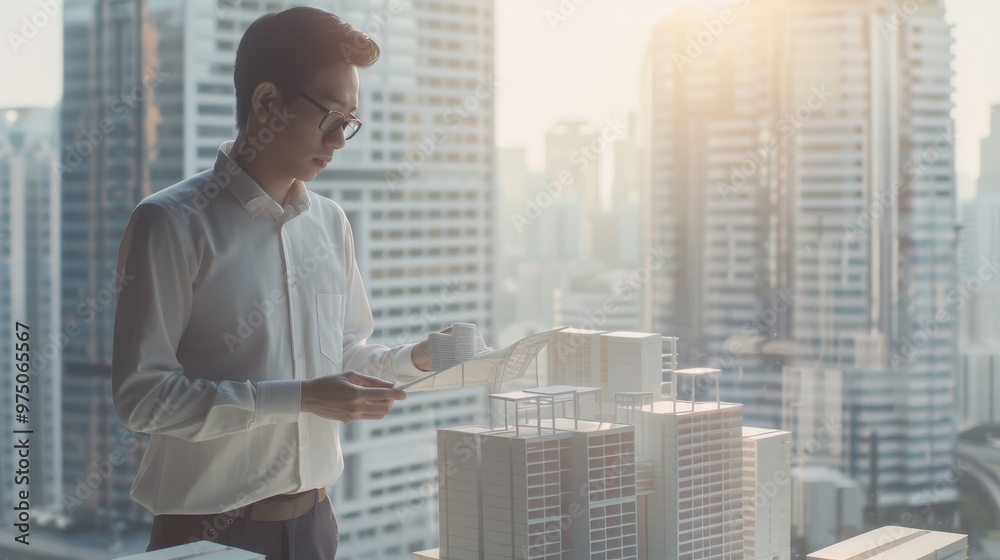 An architect studies a model of a modern city as natural light pours into the room through large windows. An architect studies a model of a modern city as natural light pours into the room through large windows.