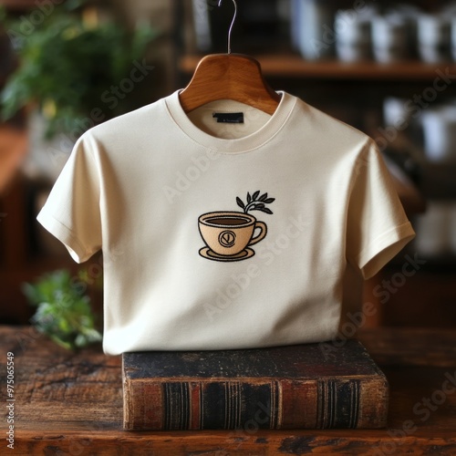 T-shirt with a coffee cup graphic design. photo