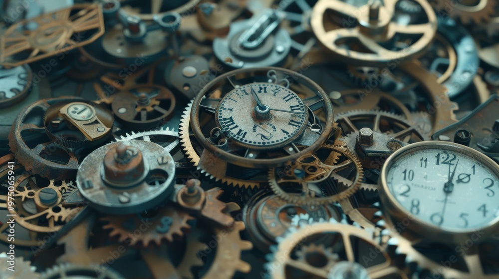 A close-up of intricate mechanical gears and clock parts arranged together, showcasing the complexity and craftsmanship of timekeeping mechanisms. A close-up of intricate mechanical gears and clock parts arranged together, showcasing the complexity and craftsmanship of timekeeping mechanisms.