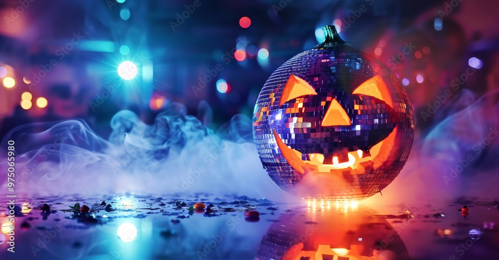 A vibrant disco ball pumpkin with glowing Jack-o'-lantern features against a colorful, smoky backdrop. A vibrant disco ball pumpkin with glowing Jack-o'-lantern features against a colorful, smoky backdrop.
