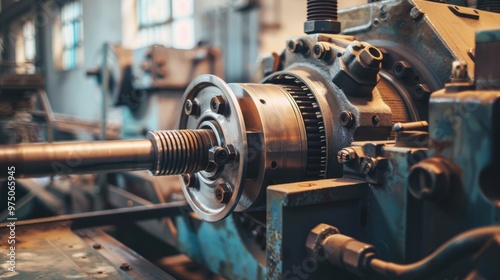 Close-up of an industrial machine part with a focus on a spindle, capturing the precision and complexity of mechanical engineering.