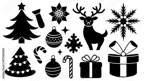 Festive Christmas icons set featuring line art silhouettes. Perfect for holiday designs and decorations. Ideal for creating seasonal vector illustrations