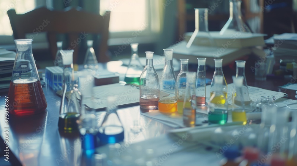 A cluttered lab desk is filled with colorful chemical-filled flasks, beakers, and notes, portraying the dynamic nature of scientific experiments. A cluttered lab desk is filled with colorful chemical-filled flasks, beakers, and notes, portraying the dynamic nature of scientific experiments.