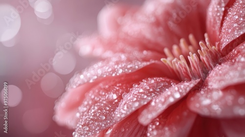 This image displays a captivating close-up of a pink flower adorned with glistening water droplets on its delicate petals, creating a stunning and detailed natural scene.