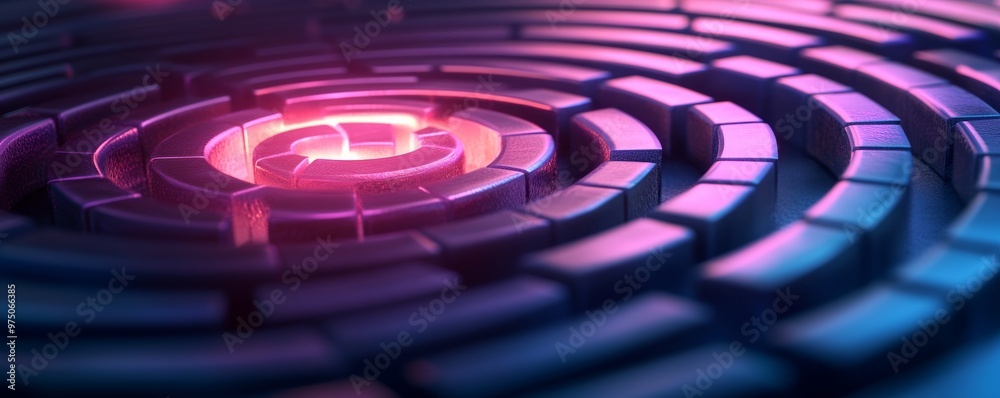 Glowing circular maze with neon lights, abstract digital art concept