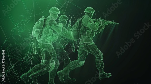 Three green-hued digital soldiers advance tactically, immersed in a futuristic and simulated digital combat setting.