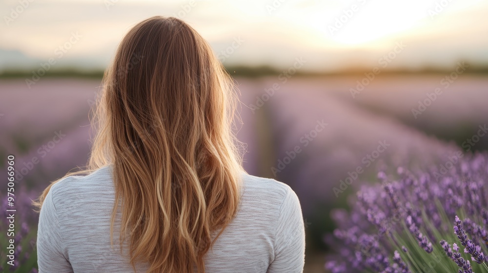 A person stands facing the vibrant lavender fields. Their wavy hair catches the light, blending with the sunset, offering a calming, pastoral view of nature's splendor. A person stands facing the vibrant lavender fields. Their wavy hair catches the light, blending with the sunset, offering a calming, pastoral view of nature's splendor.