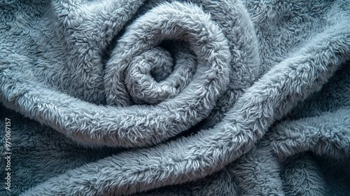   A close-up of a gray blanket featuring a circular design centrally and another one at its base
