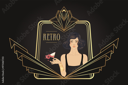 Retro fashion, glamour girl of twenties. Asian pretty woman. Vector illustration. Flapper 20s style. Vintage party invitation design template. Fancy asian lady.
