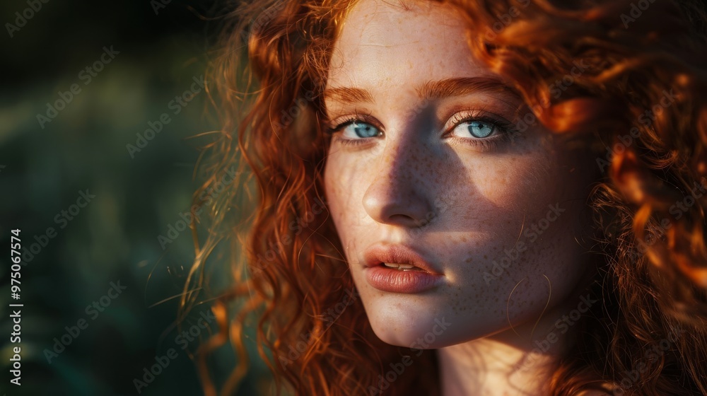 Φωτογραφία Close-up portrait of a woman with vibrant red curly hair and piercing blue eyes, captured in soft natural light