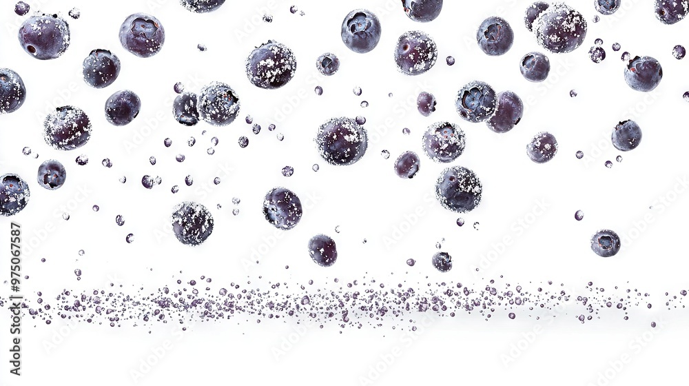 Blueberries in flight with water droplets below Blueberries in flight with water droplets below