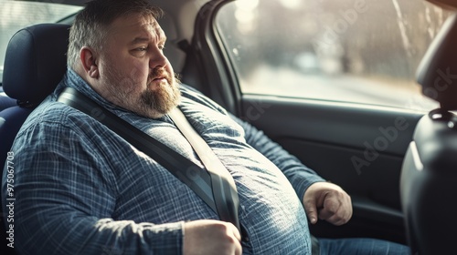 Man sleeping peacefully in car backseat, relaxed expression under warm sunlight during a daytime road trip