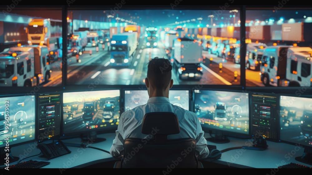 A high-tech control center with multiple screens and a single operator monitoring a bustling network of trucks and vehicles, depicting efficiency and coordination in logistics. A high-tech control center with multiple screens and a single operator monitoring a bustling network of trucks and vehicles, depicting efficiency and coordination in logistics.