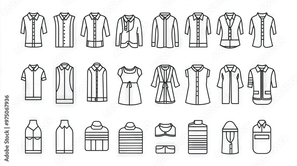 A black-and-white line drawing of diverse women's coats and jackets on a white backdrop A black-and-white line drawing of diverse women's coats and jackets on a white backdrop