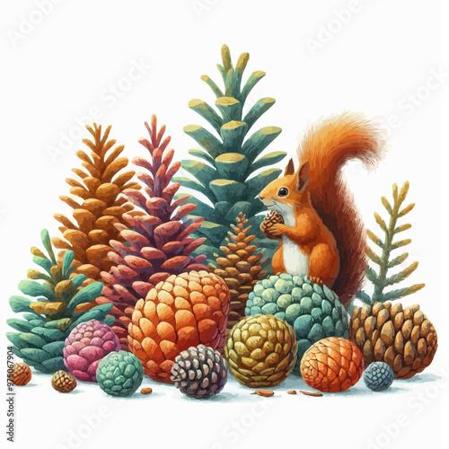 Adorable squirrel with pinecones in a colorful forest scene