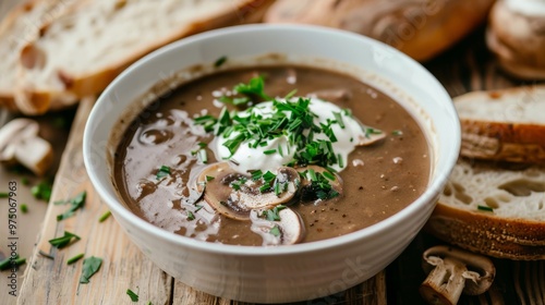 A comforting bowl of mushroom soup, decorated with fresh herbs and paired with crusty bread, promises a delicious and nourishing meal.