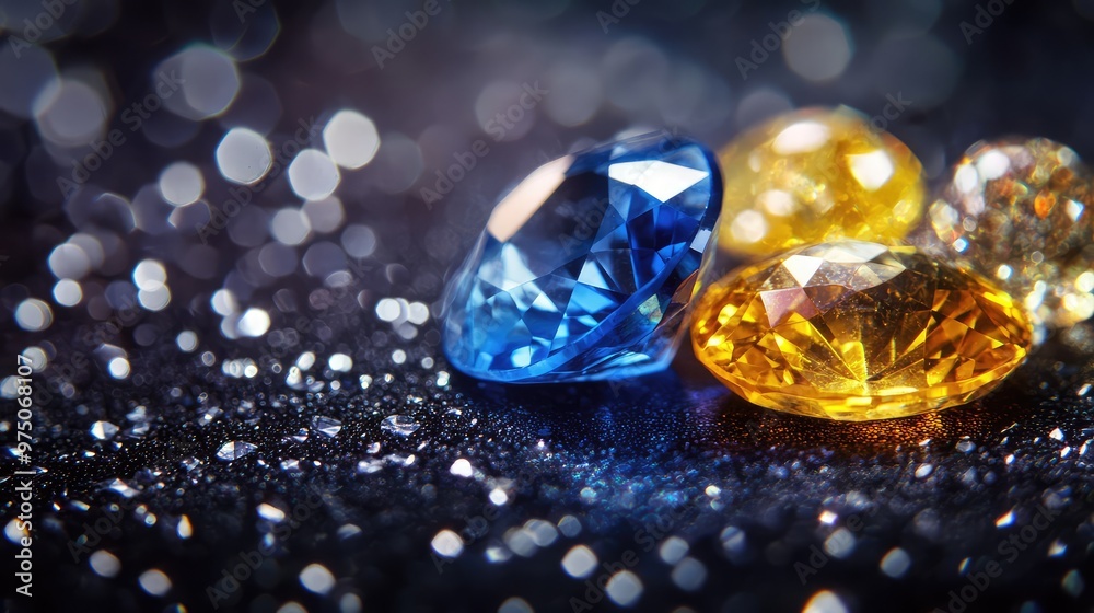 Sapphire and Yellow Gemstones on Black Surface. AI generated illustration Sapphire and Yellow Gemstones on Black Surface. AI generated illustration