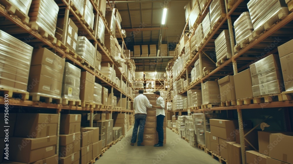 Two men discussing amid tall aisles filled with neatly stacked boxes in a spacious warehouse, illuminated by bright, high ceiling lights. Two men discussing amid tall aisles filled with neatly stacked boxes in a spacious warehouse, illuminated by bright, high ceiling lights.